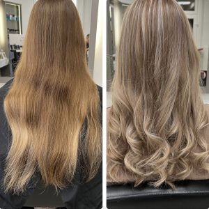 ein vorher nachher Bild einer Kundin. links sind die Haare lang und kaputte spitzen. Rechts neu blond gefärbt mit sauberen spitzen