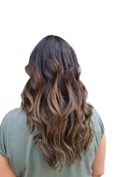 Junge Dame mit Rückansicht und langen braunen Haaren