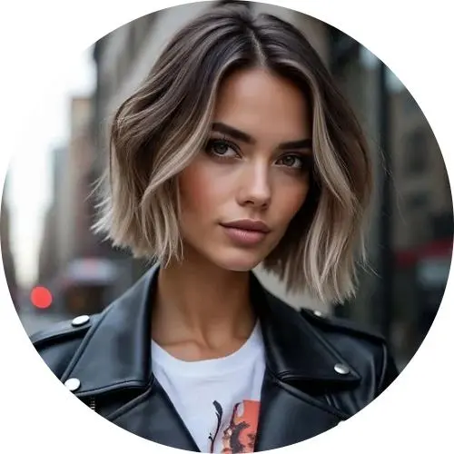 Junge Frau mit modernem, kinnlangem Bob in Balayage-Optik, die in einer Lederjacke auf einer Stadtstraße steht und direkt in die Kamera blickt.