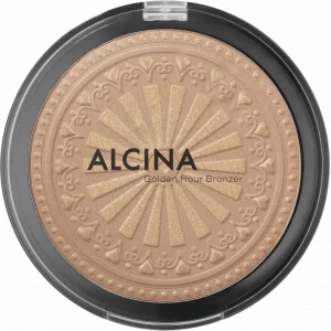 Runde Bronzer-Puderdose von ALCINA „Golden Hour Bronzer“ mit transparentem Deckel. Das Produkt zeigt ein dekoratives Sonnenstrahl-Relief in warmem Gold- und Bronzeton.