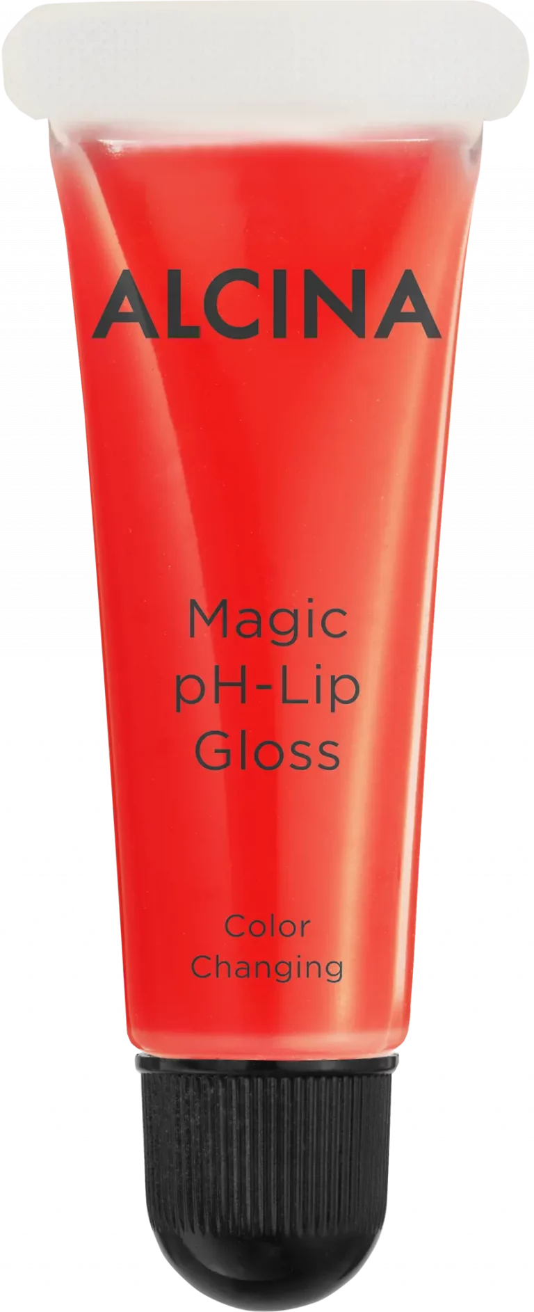 ALCINA Magic pH-Lip Gloss „Color Changing“ in leuchtend roter Tube mit schwarzem Schraubverschluss. Der Lipgloss passt sich dem natürlichen pH-Wert der Lippen an und verändert individuell die Farbe.